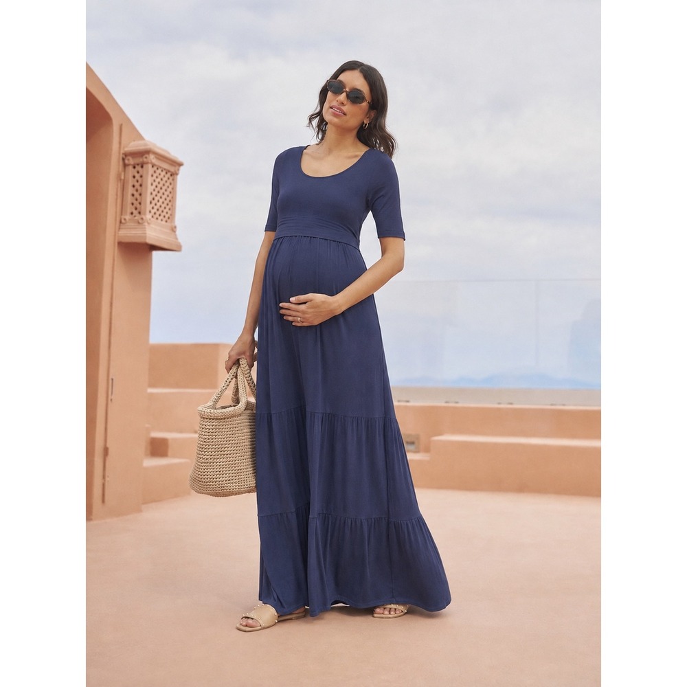Seraphine Ester Navy Blue Jersey Tiered Maternity & Nursing Maxi Dress 4